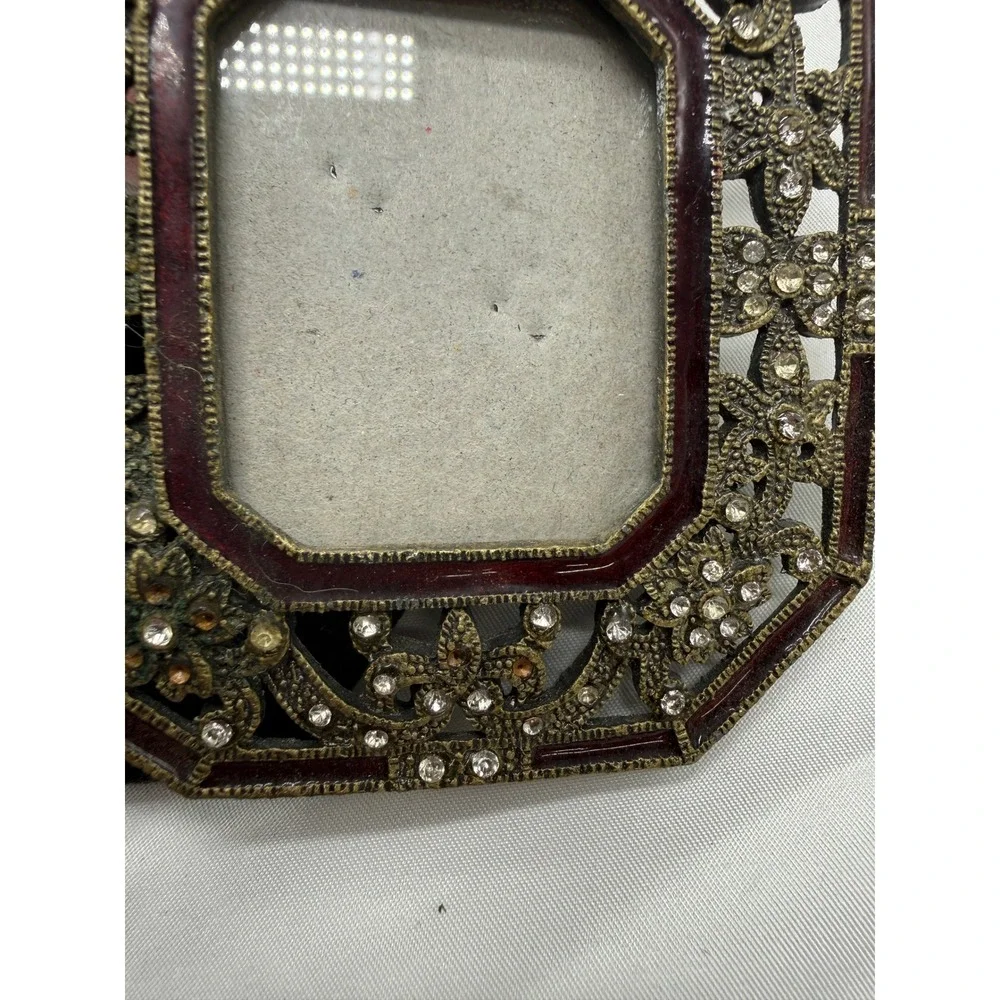Vintage Style Octagon Filigree Rhinestone Enamel Miniature‎ Picture Frame Brass